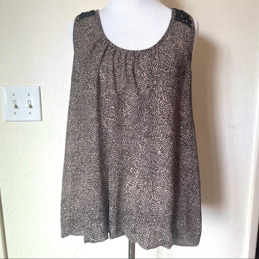 FRENCH CONNECTION Shell Blouse Sleeveless Shoulder Beaded Top Printed Scoop Neck